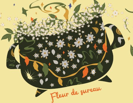 Étiquette Fleur de sureau : chaudron couvert de petites fleurs blanches